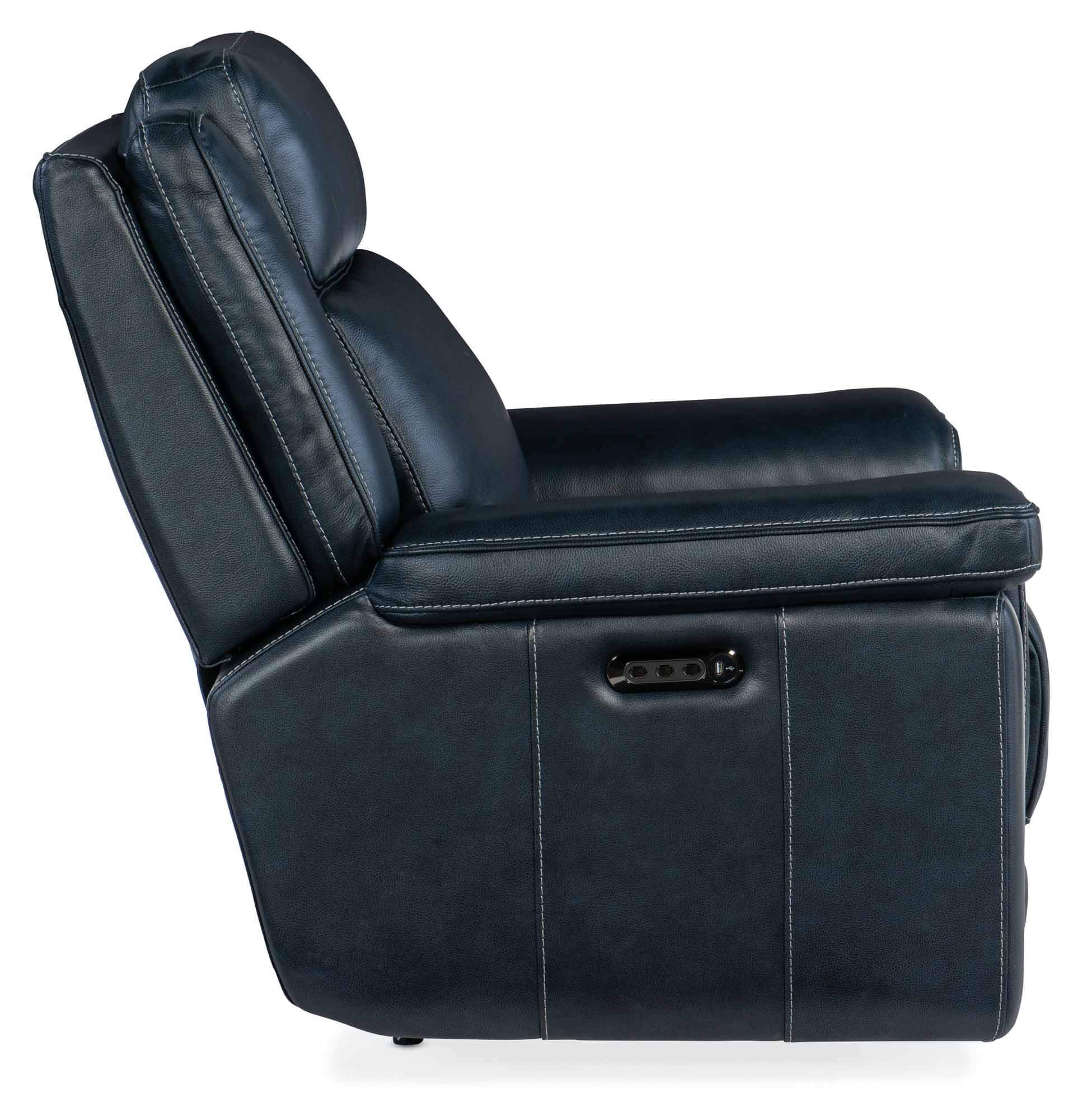 Montel Leather Lay Flat Power Recliner With Articulating Headrest And Lumbar In Blue - Image 2